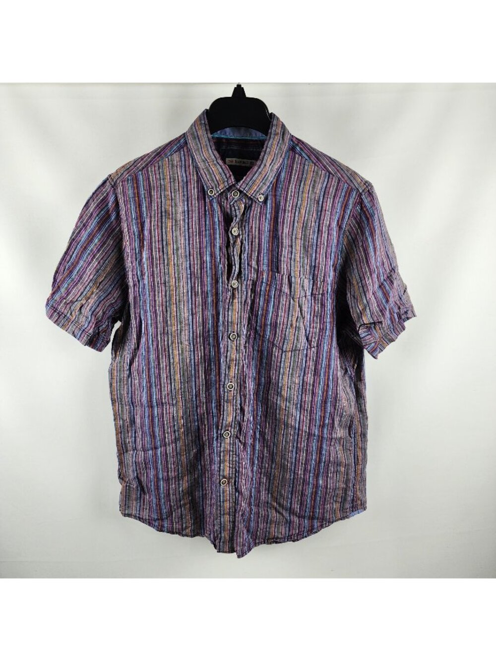 32 BAR BLUES Shirt Mens Large Multicolor Stripe S/S Button Down 100% Linen